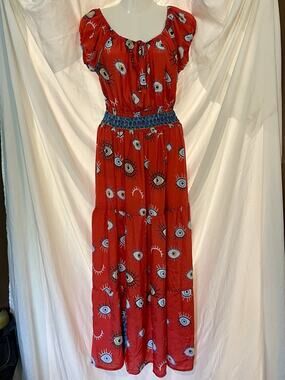 Royal Paisley Maxi Dress Women’s Size Large Red Bohemian Flow Fitted Casual Work